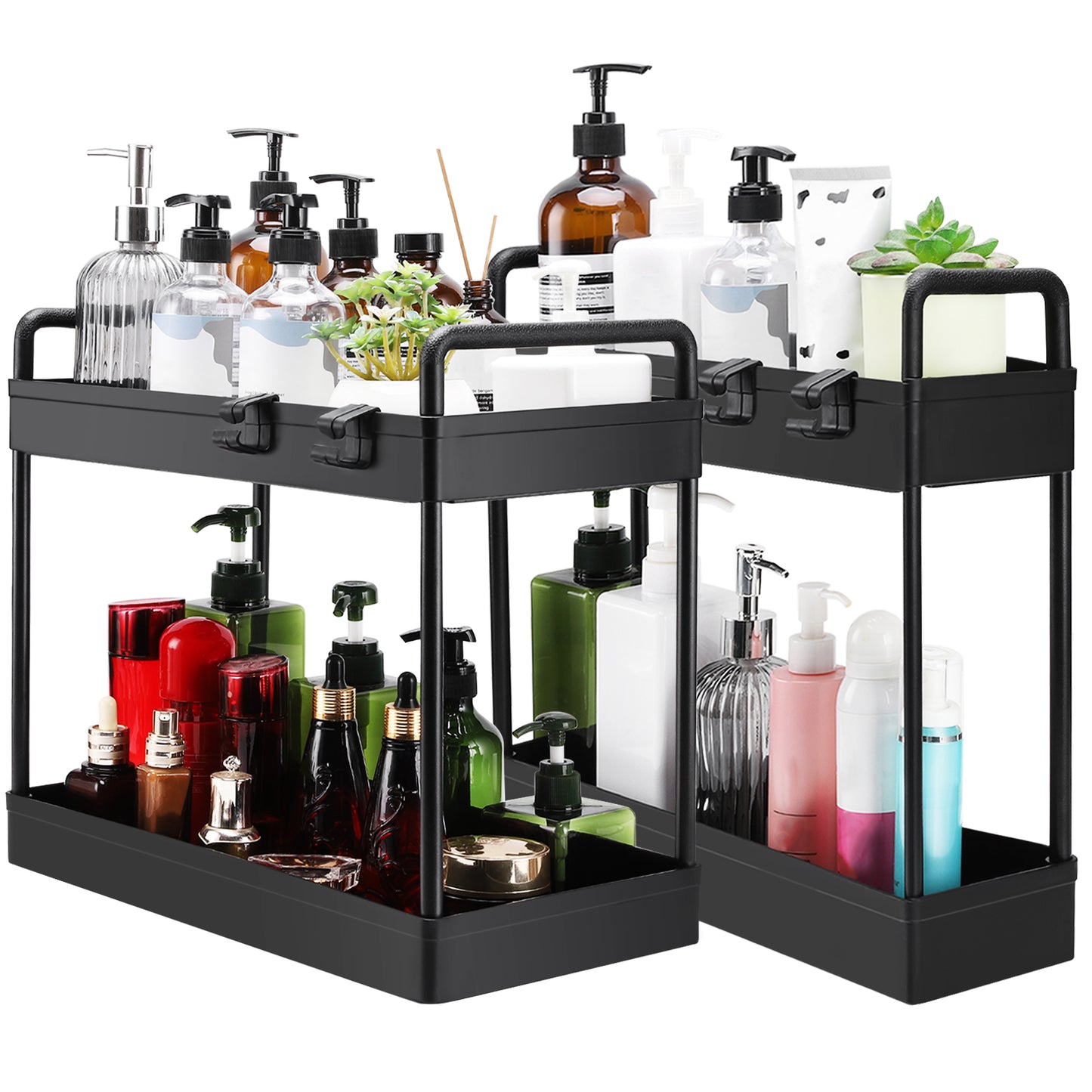 2pcs Under Sink Organizers and Storage,Black Under Sink Organizer,2 Tier Kitchen Cabinet Sink Organizer with Hooks for Home Kitchen Bathroom