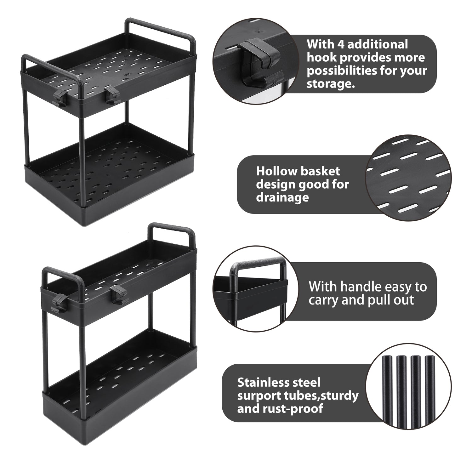 2pcs Under Sink Organizers and Storage,Black Under Sink Organizer,2 Tier Kitchen Cabinet Sink Organizer with Hooks for Home Kitchen Bathroom